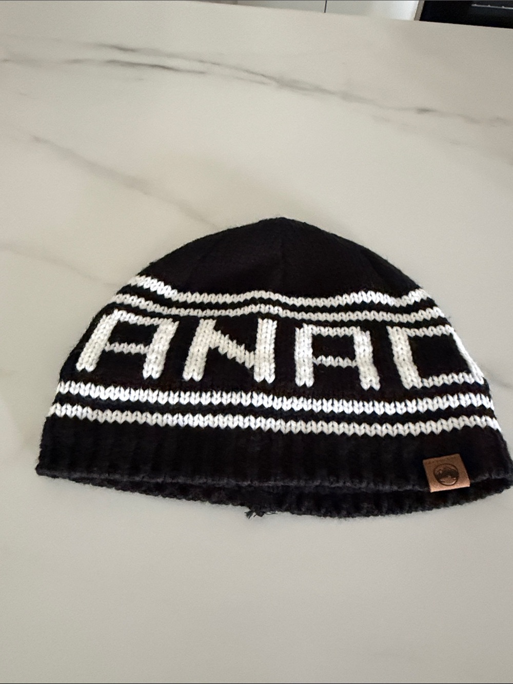 a.n.a Black and White Striped Knit Beanie with Logo Patch
